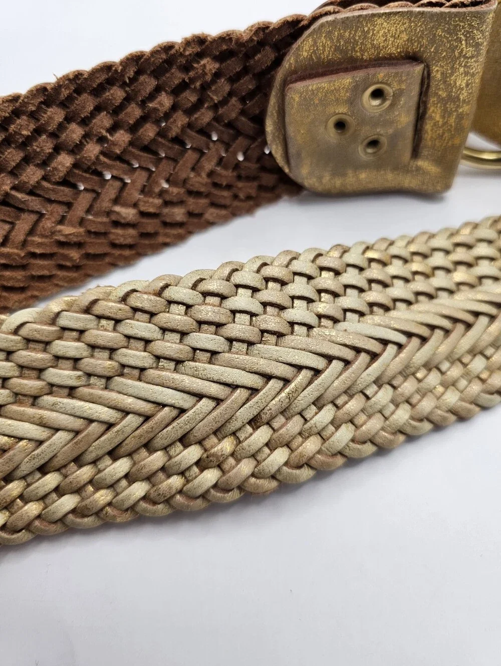 Linea Pelle, Genuine Leather Woven Braided Gold Belt, Size Large